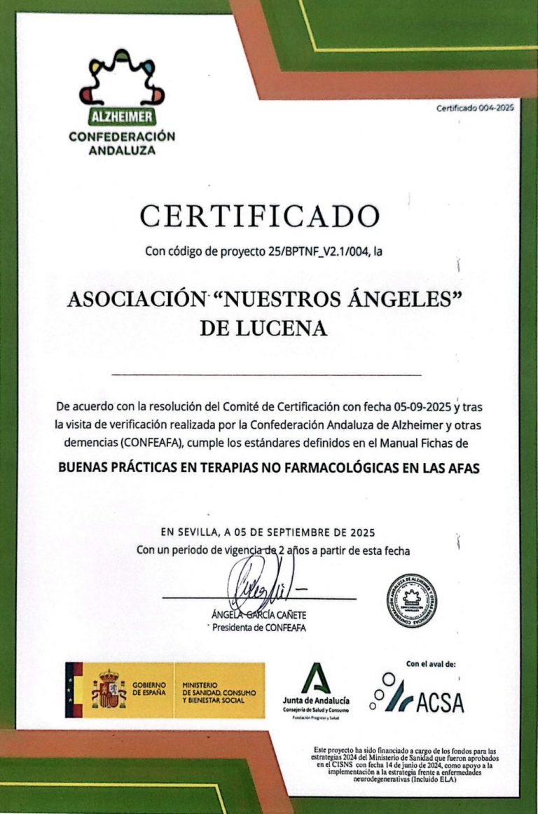 AFA Nuestros Ángeles obtiene el Certificado de Buenas Prácticas en Terapias No Farmacológicas